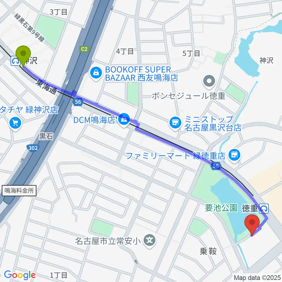 神沢駅から緑文化小劇場へのルートマップ地図