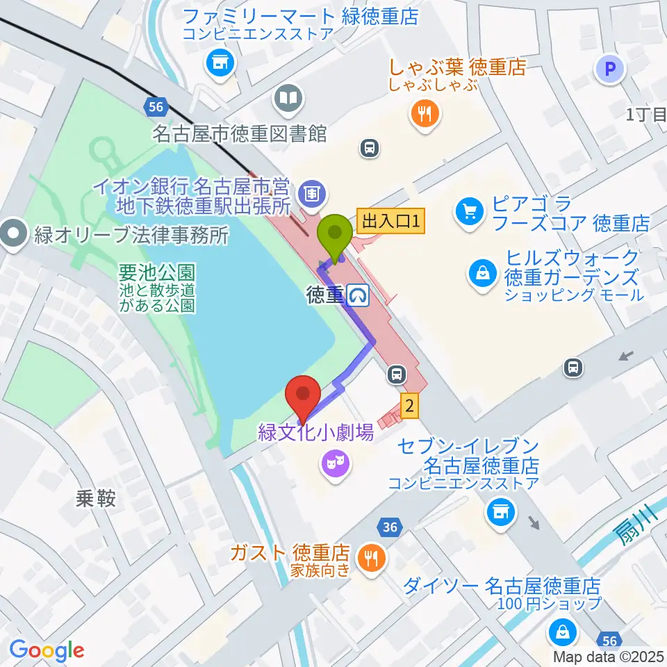 緑文化小劇場の最寄駅徳重駅からの徒歩ルート（約2分）地図