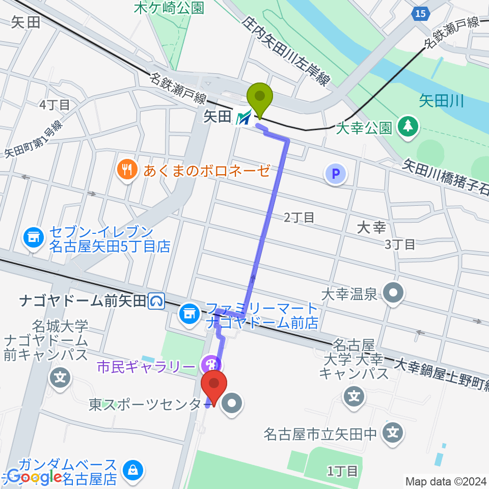 矢田駅から東文化小劇場へのルートマップ地図