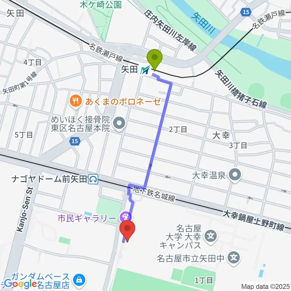矢田駅から東文化小劇場へのルートマップ地図
