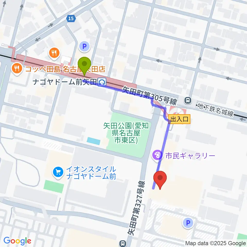東文化小劇場の最寄駅ナゴヤドーム前矢田駅からの徒歩ルート（約4分）地図