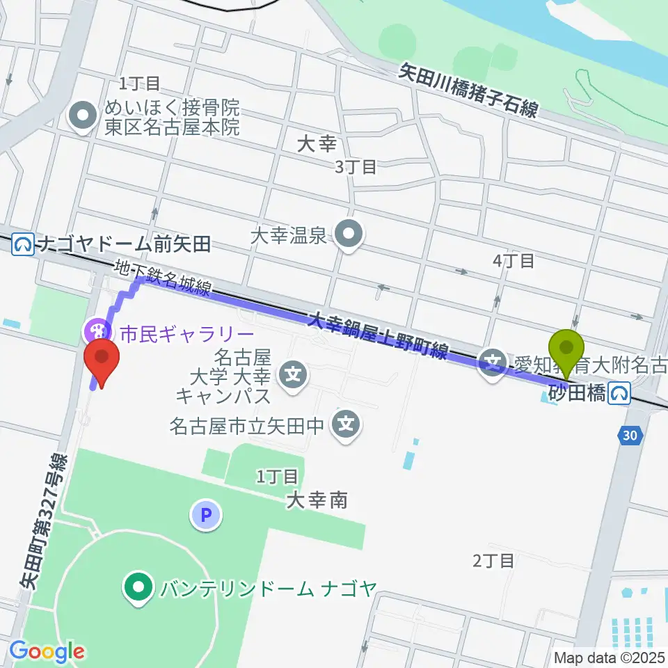 砂田橋駅から東文化小劇場へのルートマップ地図