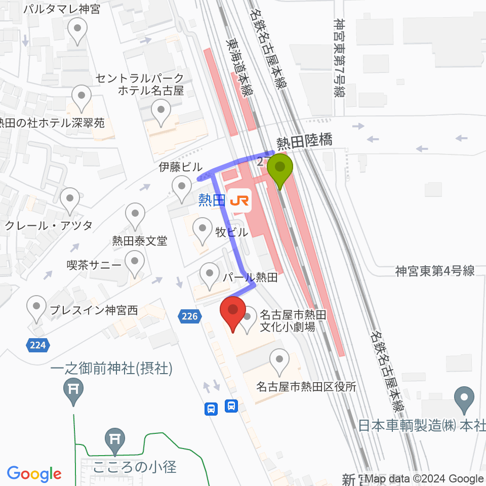 熱田文化小劇場の最寄駅熱田駅からの徒歩ルート（約2分）地図