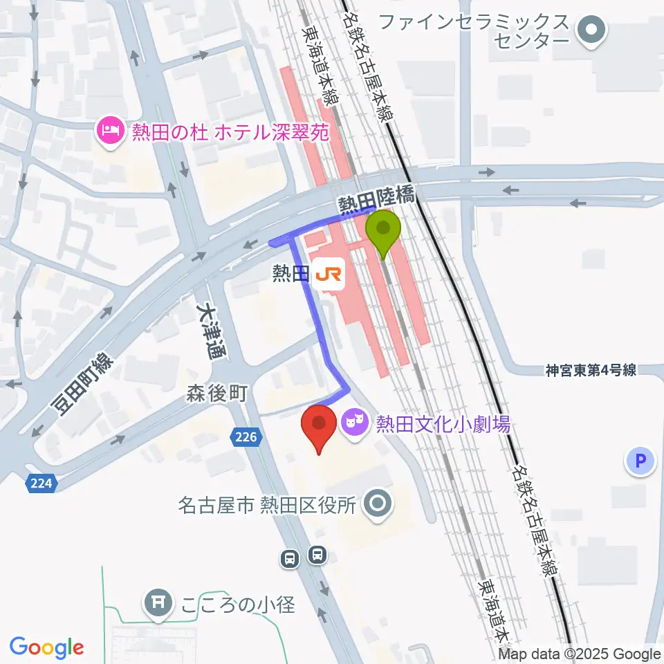 熱田文化小劇場の最寄駅熱田駅からの徒歩ルート（約2分）地図