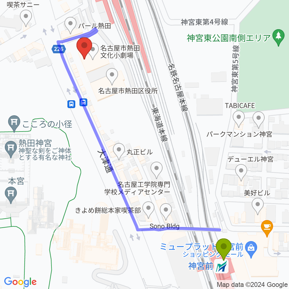 神宮前駅から熱田文化小劇場へのルートマップ地図