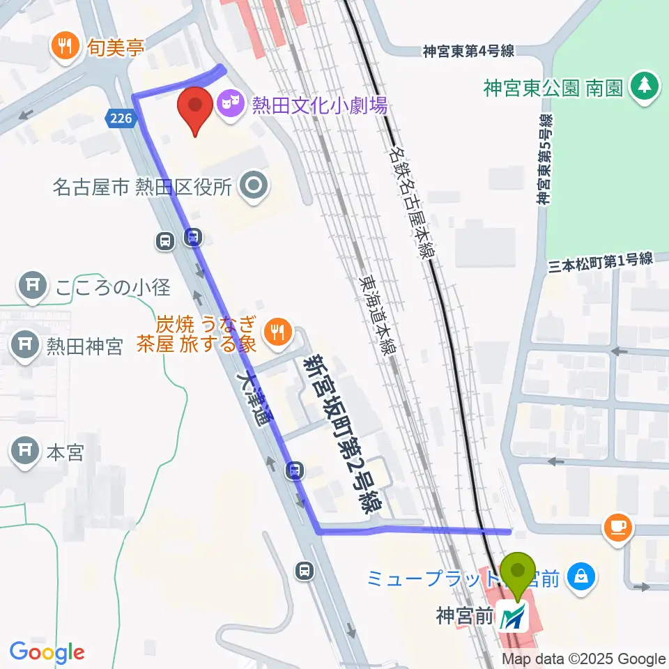 神宮前駅から熱田文化小劇場へのルートマップ地図
