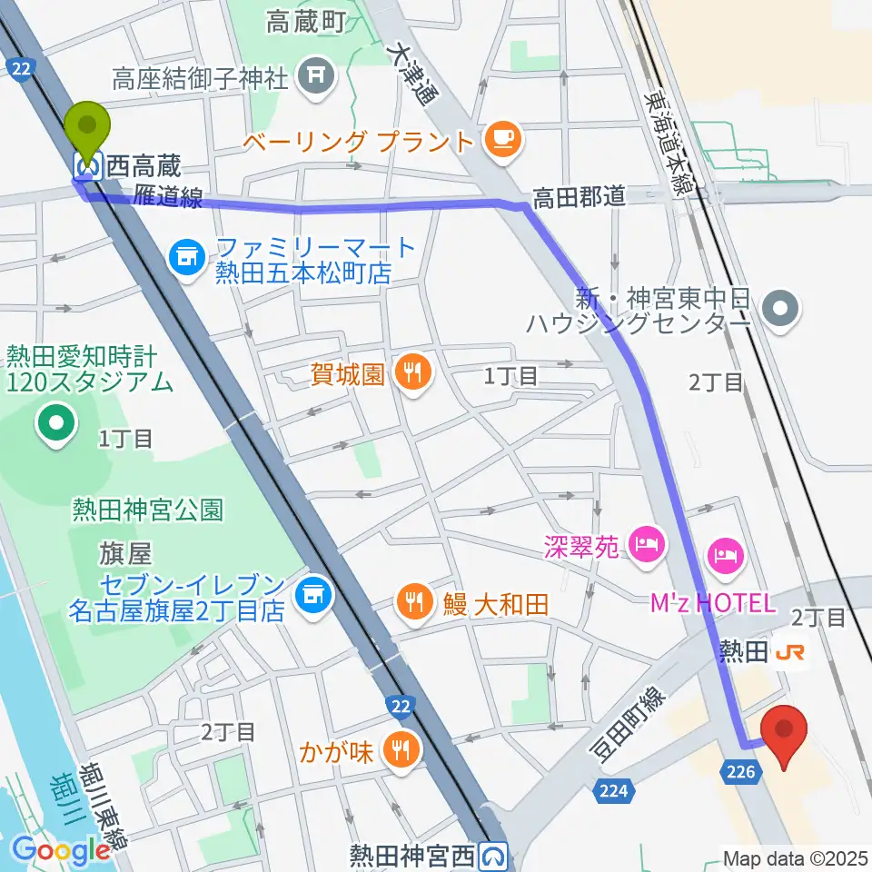 西高蔵駅から熱田文化小劇場へのルートマップ地図