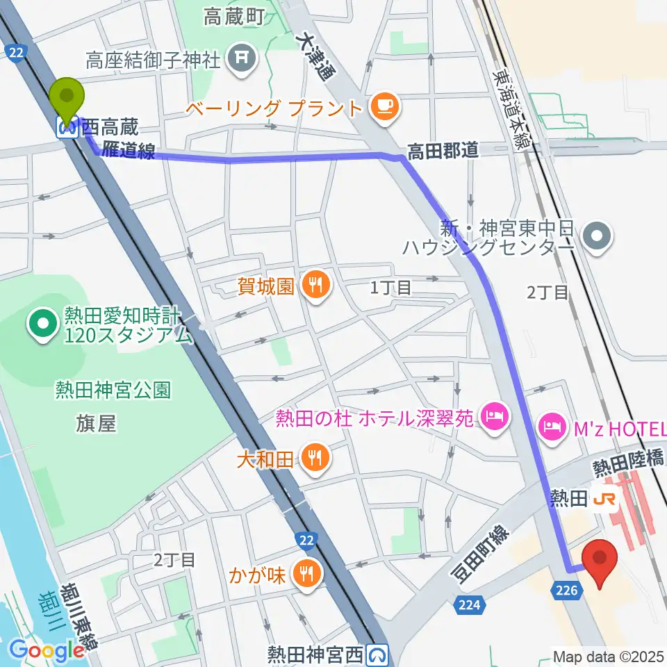 西高蔵駅から熱田文化小劇場へのルートマップ地図