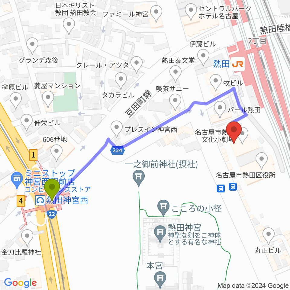 神宮西駅から熱田文化小劇場へのルートマップ地図
