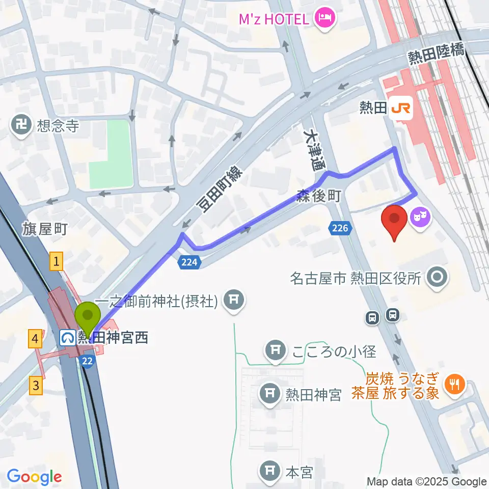 神宮西駅から熱田文化小劇場へのルートマップ地図