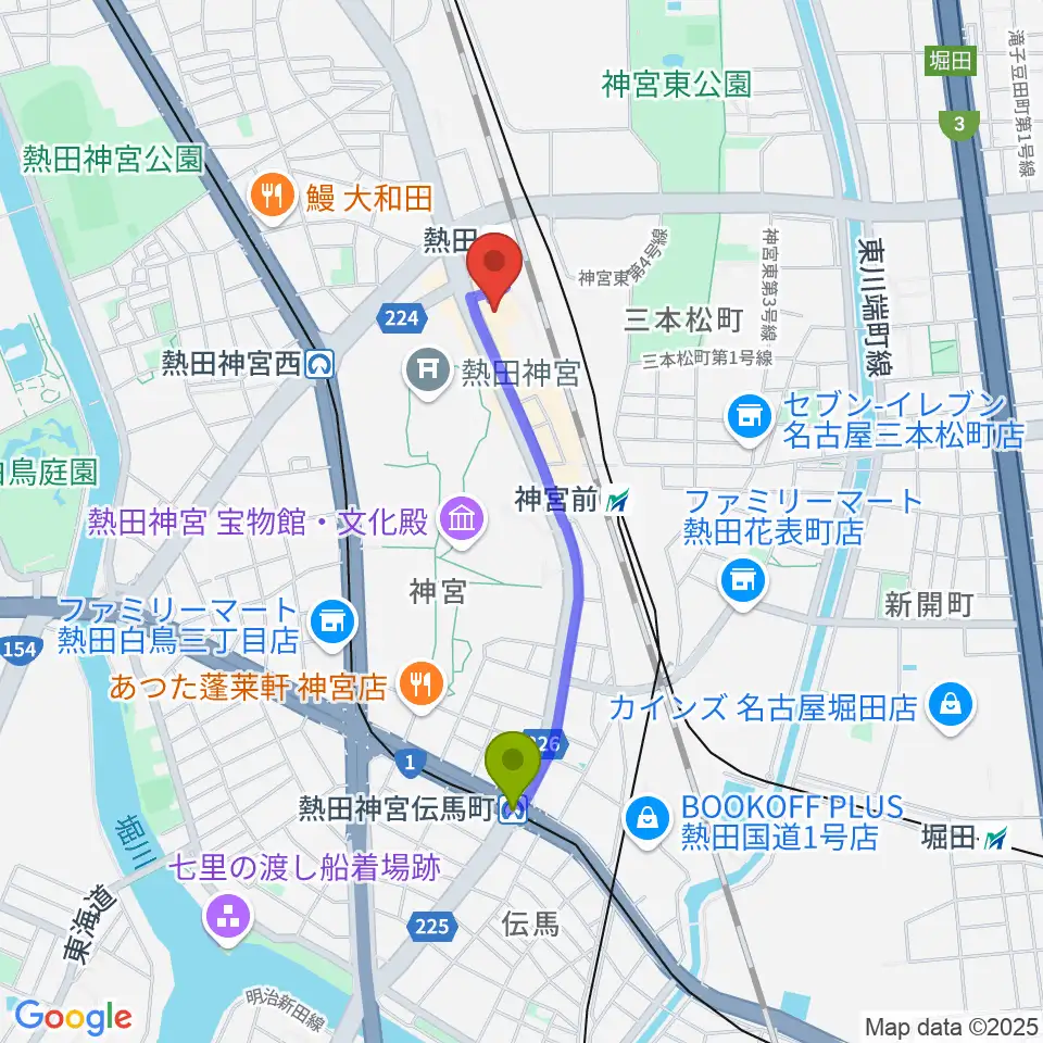 伝馬町駅から熱田文化小劇場へのルートマップ地図