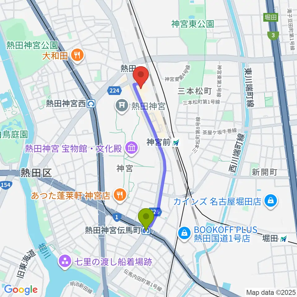 伝馬町駅から熱田文化小劇場へのルートマップ地図
