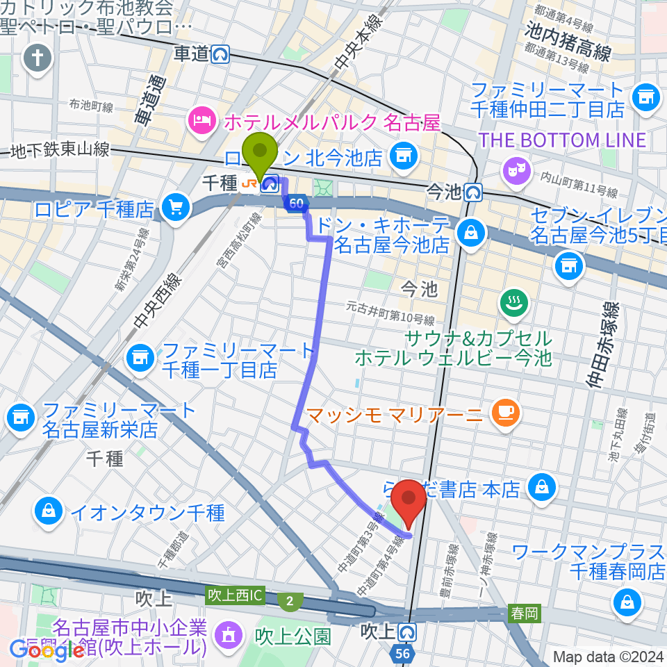 千種駅から千種文化小劇場（ちくさ座）へのルートマップ地図