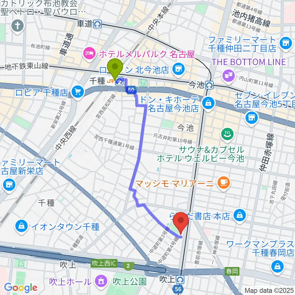 千種駅から千種文化小劇場（ちくさ座）へのルートマップ地図