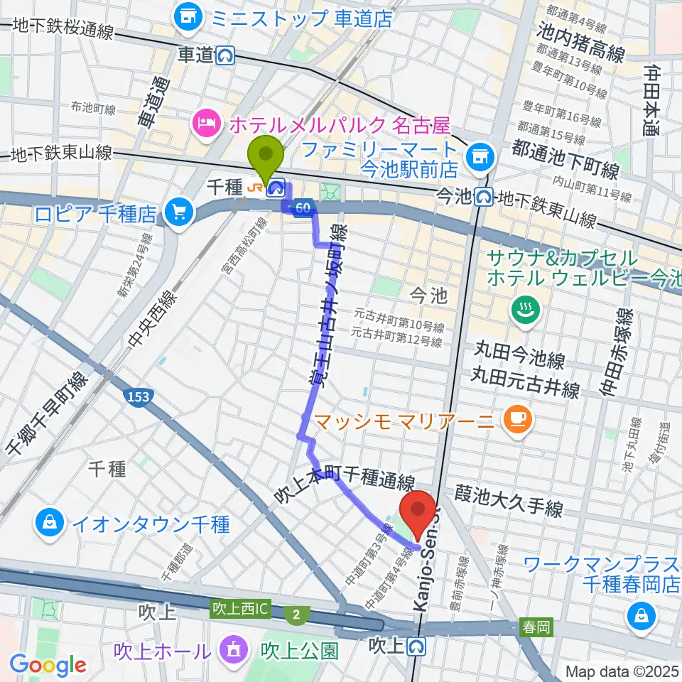 千種駅から千種文化小劇場へのルートマップ地図