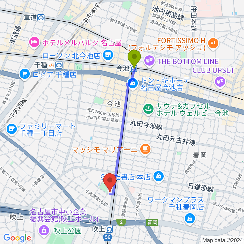 今池駅から千種文化小劇場（ちくさ座）へのルートマップ地図