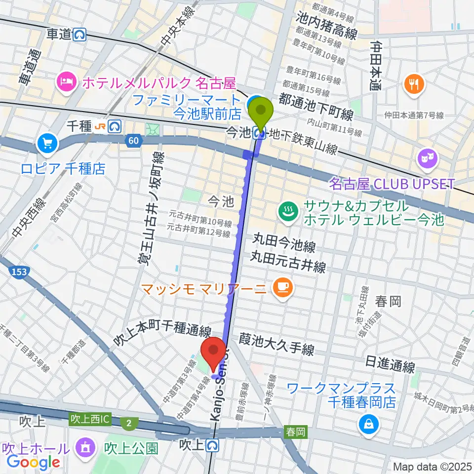 今池駅から千種文化小劇場へのルートマップ地図