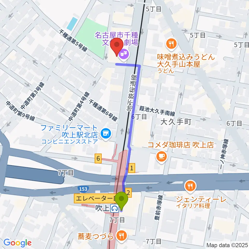 千種文化小劇場（ちくさ座）の最寄駅吹上駅からの徒歩ルート（約5分）地図