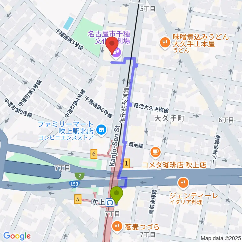 千種文化小劇場の最寄駅吹上駅からの徒歩ルート（約5分）地図