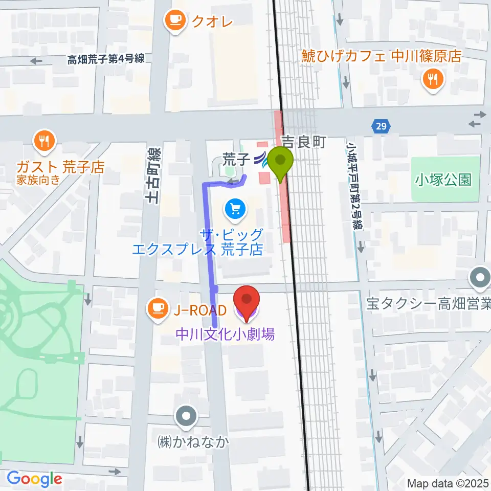 中川文化小劇場の最寄駅荒子駅からの徒歩ルート（約2分）地図