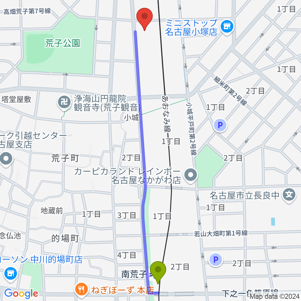 南荒子駅から中川文化小劇場へのルートマップ地図