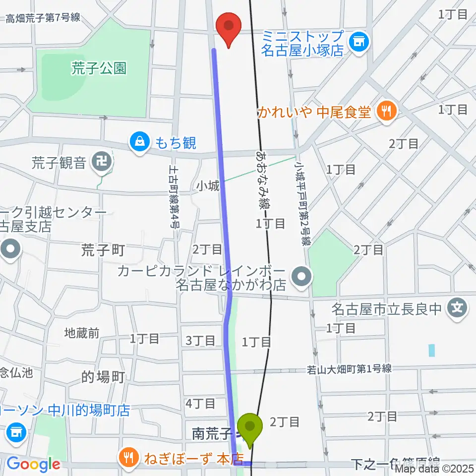 南荒子駅から中川文化小劇場へのルートマップ地図