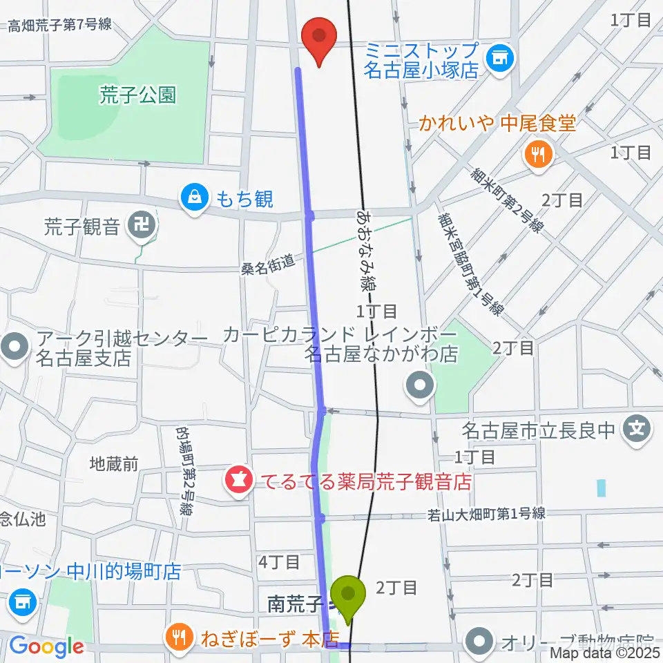 南荒子駅から中川文化小劇場へのルートマップ地図