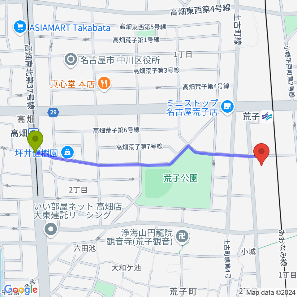 高畑駅から中川文化小劇場へのルートマップ地図