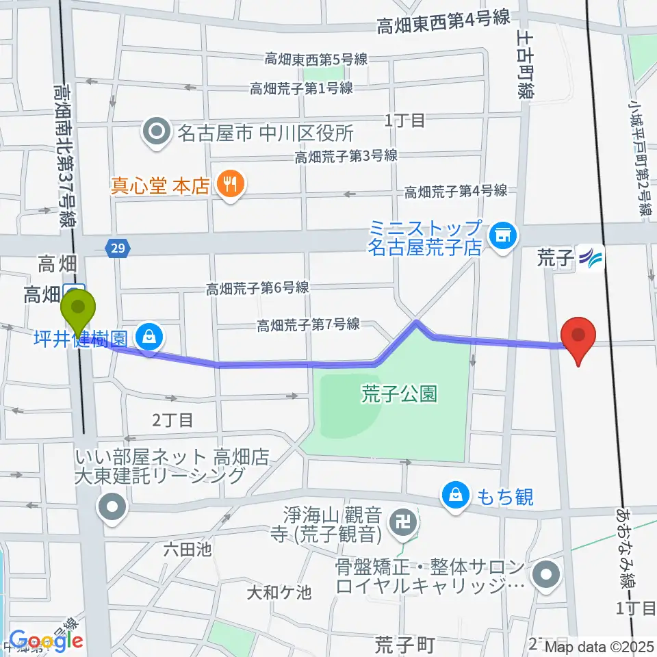 高畑駅から中川文化小劇場へのルートマップ地図