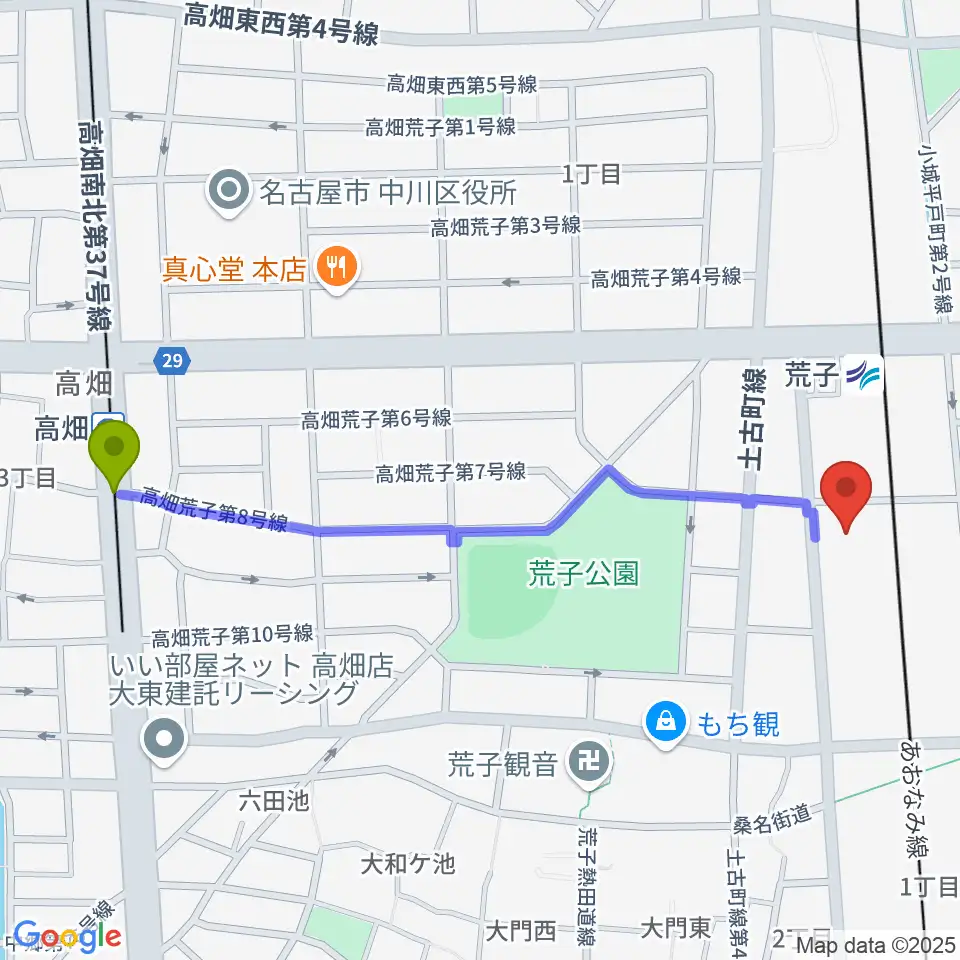 高畑駅から中川文化小劇場へのルートマップ地図