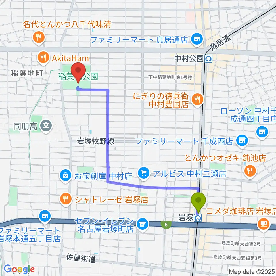 岩塚駅から演劇練習館 アクテノンへのルートマップ地図