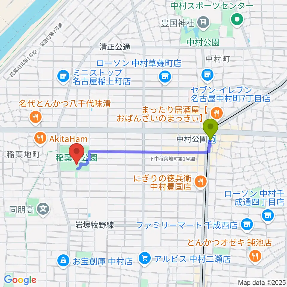 演劇練習館 アクテノンの最寄駅中村公園駅からの徒歩ルート（約15分）地図