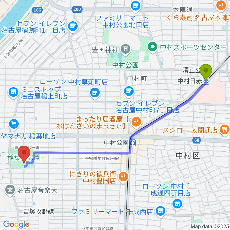 中村日赤駅から演劇練習館 アクテノンへのルートマップ地図