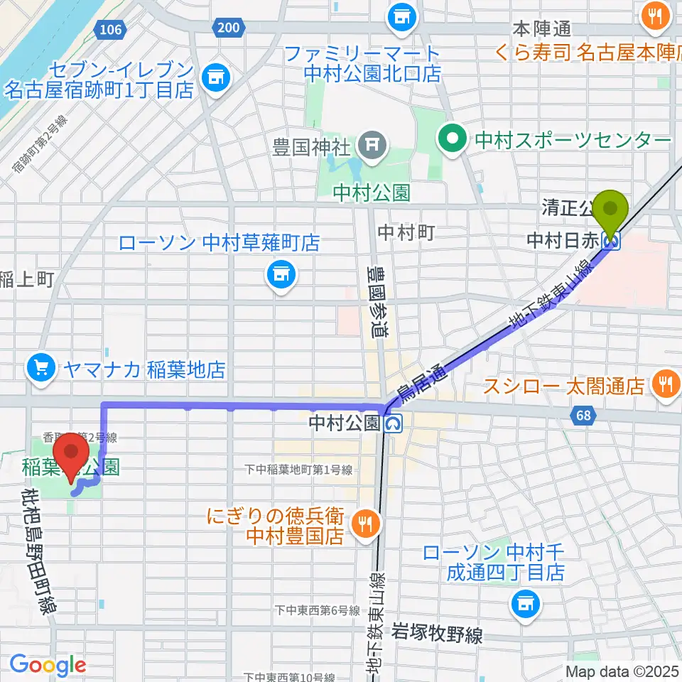 中村日赤駅から演劇練習館 アクテノンへのルートマップ地図