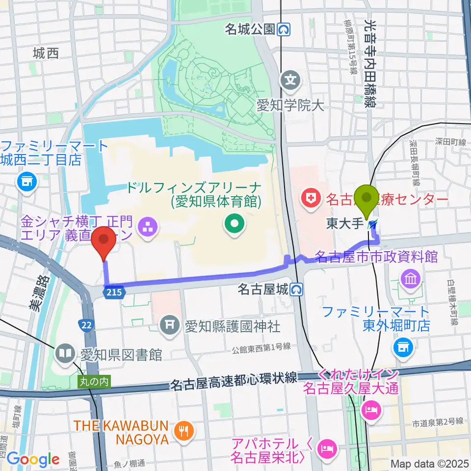 東大手駅から名古屋能楽堂へのルートマップ地図