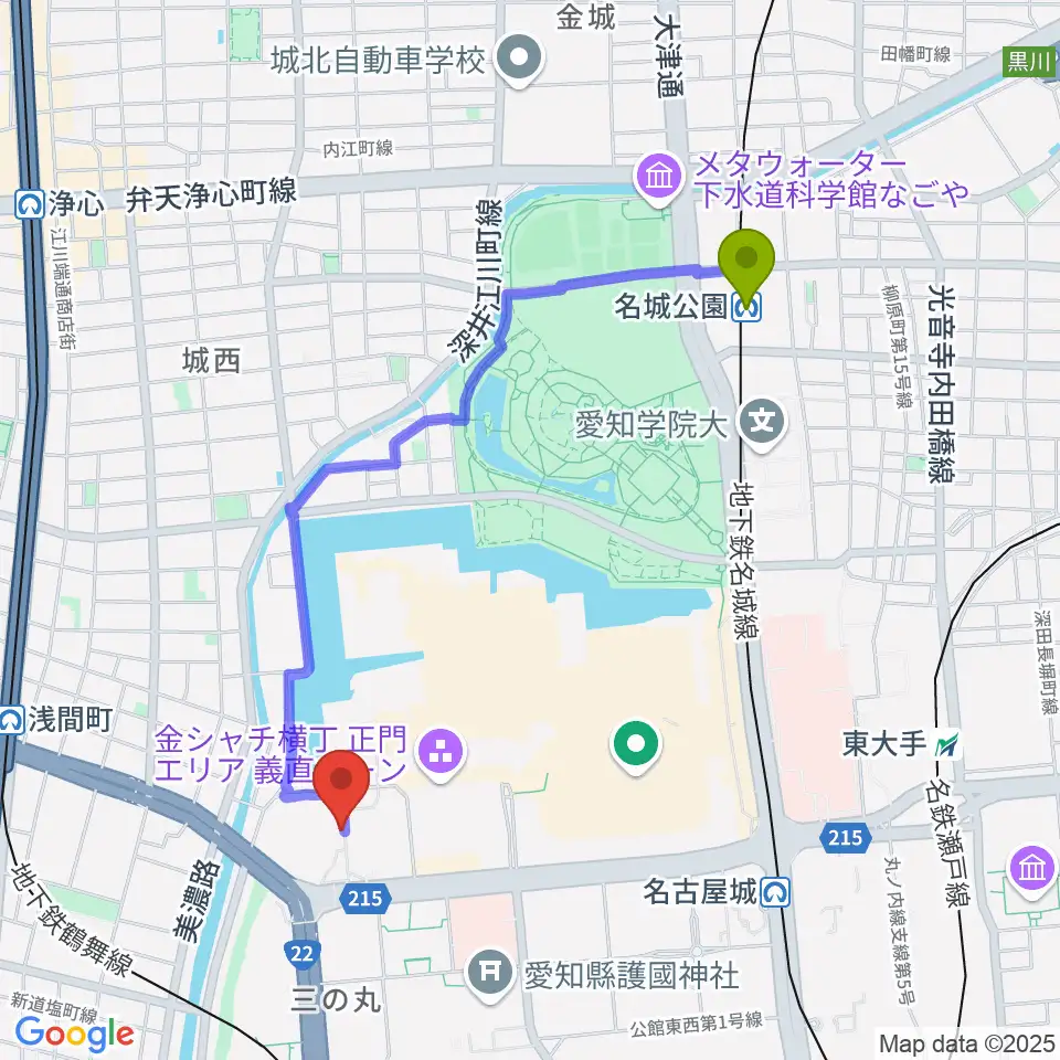 名城公園駅から名古屋能楽堂へのルートマップ地図