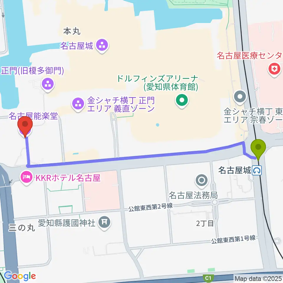 市役所駅から名古屋能楽堂へのルートマップ地図