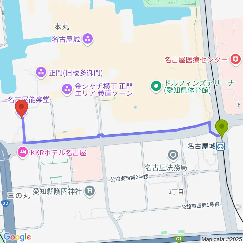 市役所駅から名古屋能楽堂へのルートマップ地図