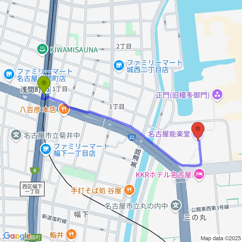 名古屋能楽堂の最寄駅浅間町駅からの徒歩ルート（約10分）地図