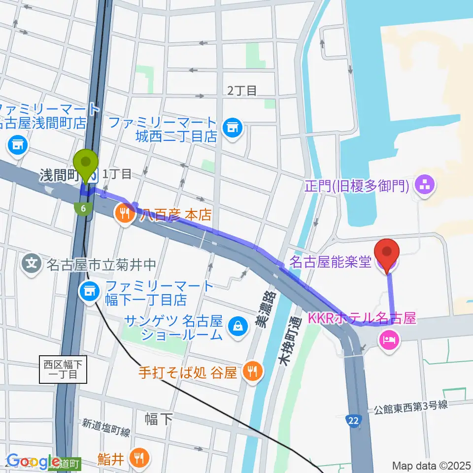 名古屋能楽堂の最寄駅浅間町駅からの徒歩ルート（約10分）地図
