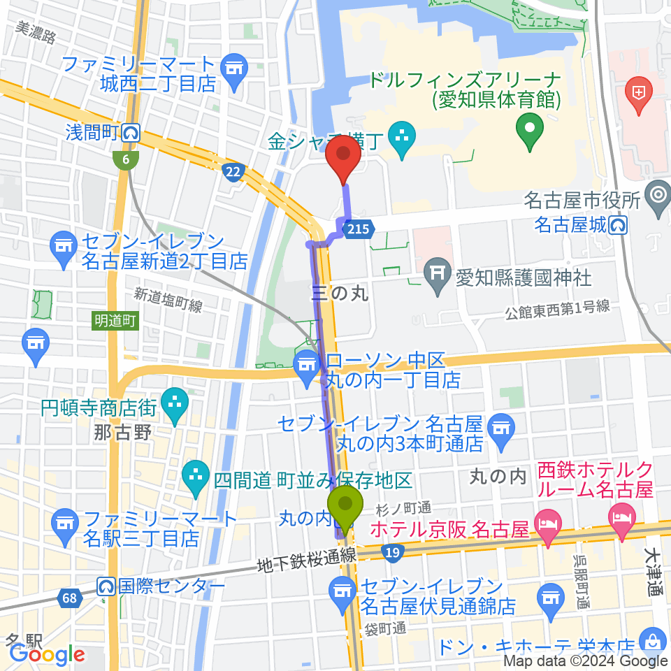 丸の内駅から名古屋能楽堂へのルートマップ地図