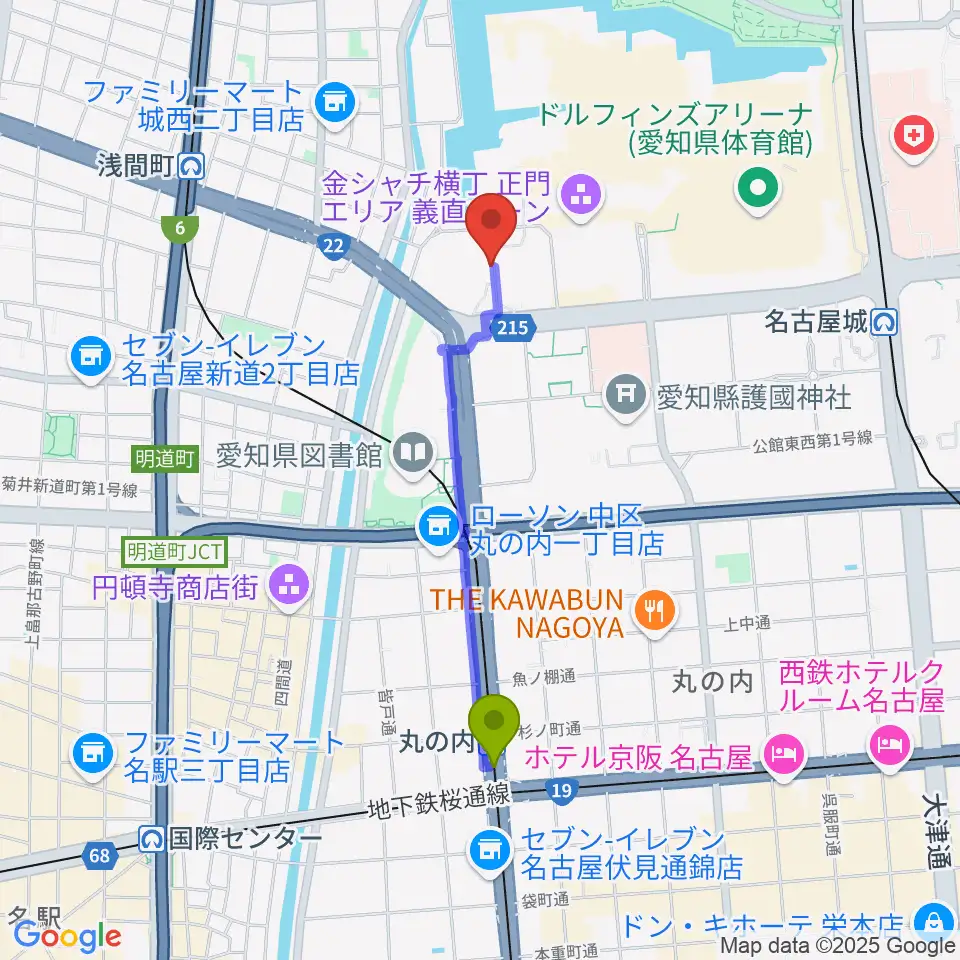 丸の内駅から名古屋能楽堂へのルートマップ地図