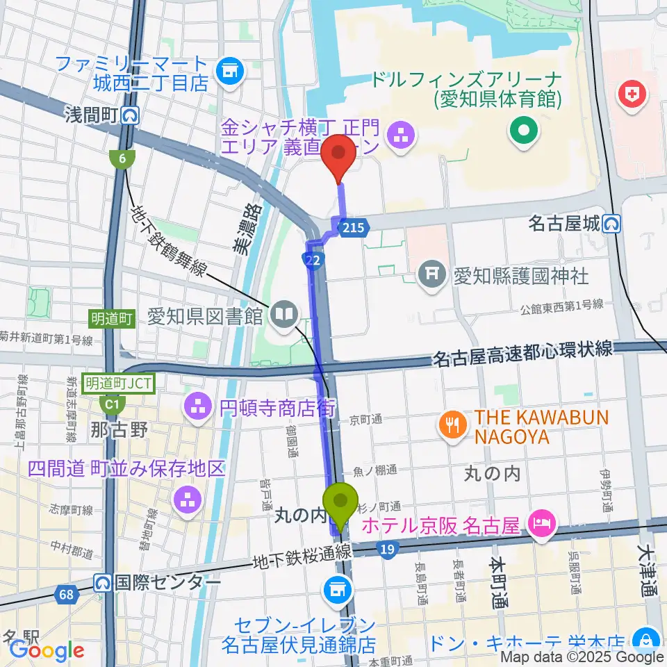 丸の内駅から名古屋能楽堂へのルートマップ地図