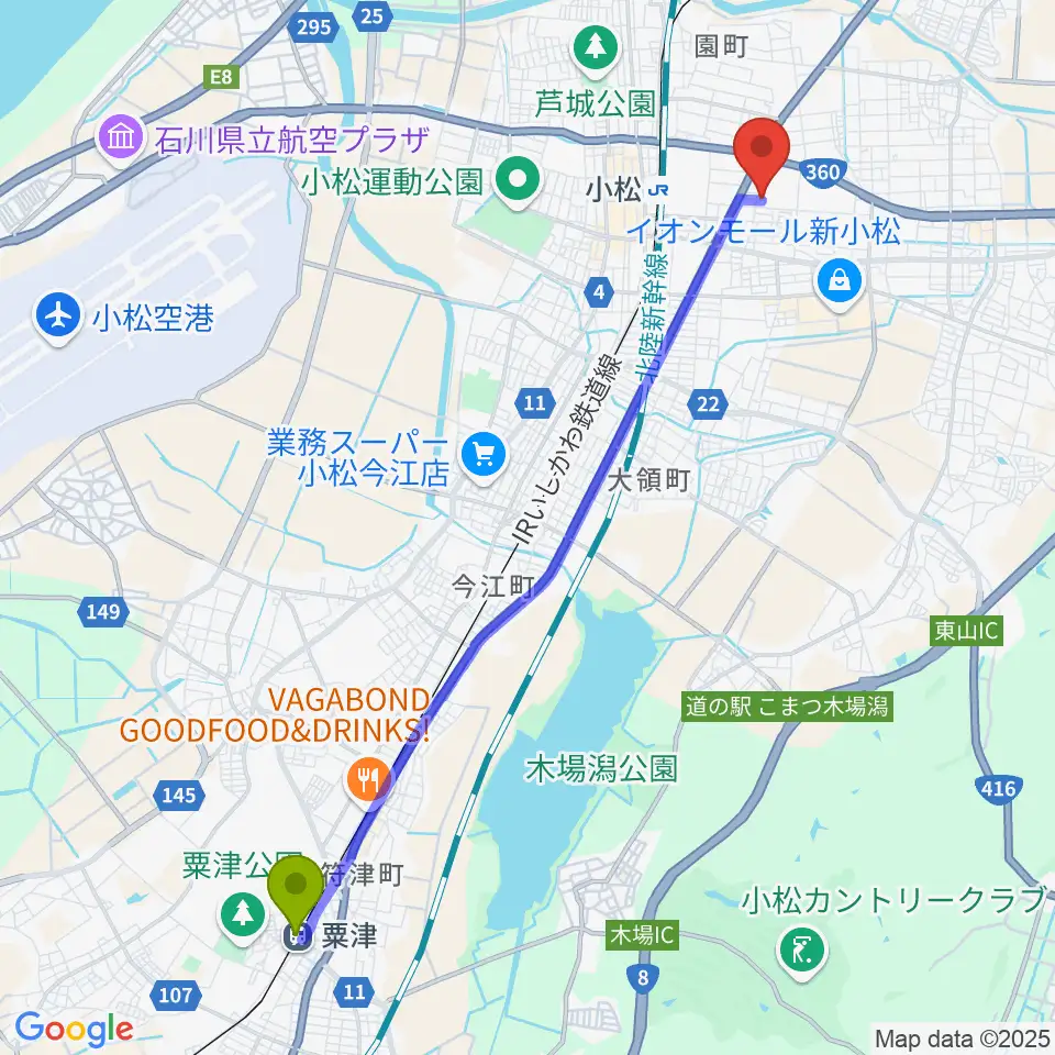 粟津駅からロックスタジオFFBODYへのルートマップ地図