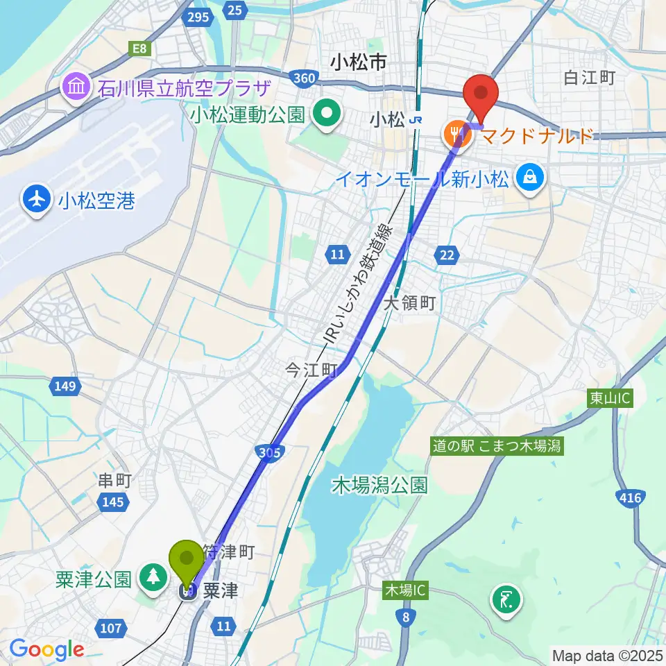 粟津駅からロックスタジオFFBODYへのルートマップ地図