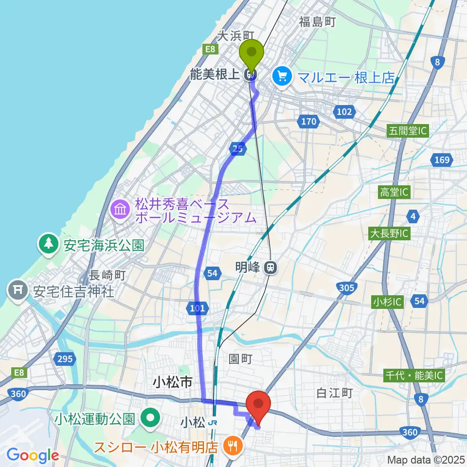 能美根上駅からロックスタジオFFBODYへのルートマップ地図