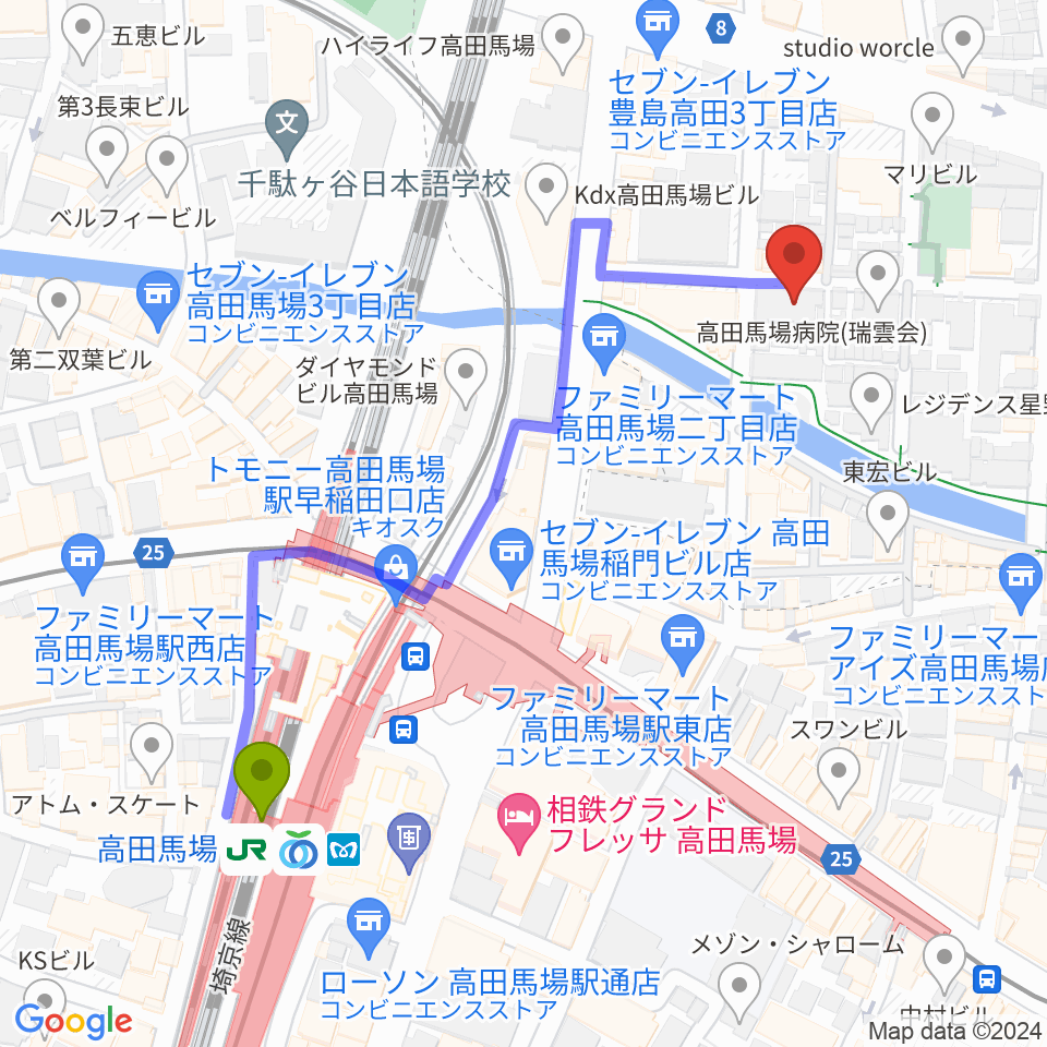 高田馬場CLUB PHASEの最寄駅高田馬場駅からの徒歩ルート（約6分）地図