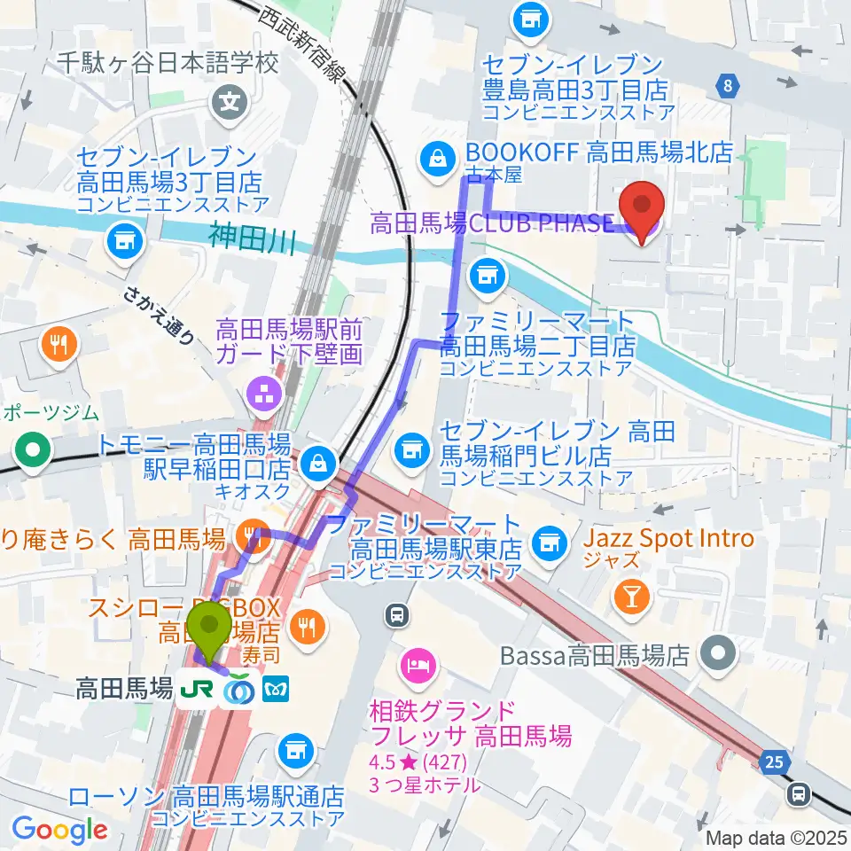高田馬場CLUB PHASEの最寄駅高田馬場駅からの徒歩ルート（約6分）地図