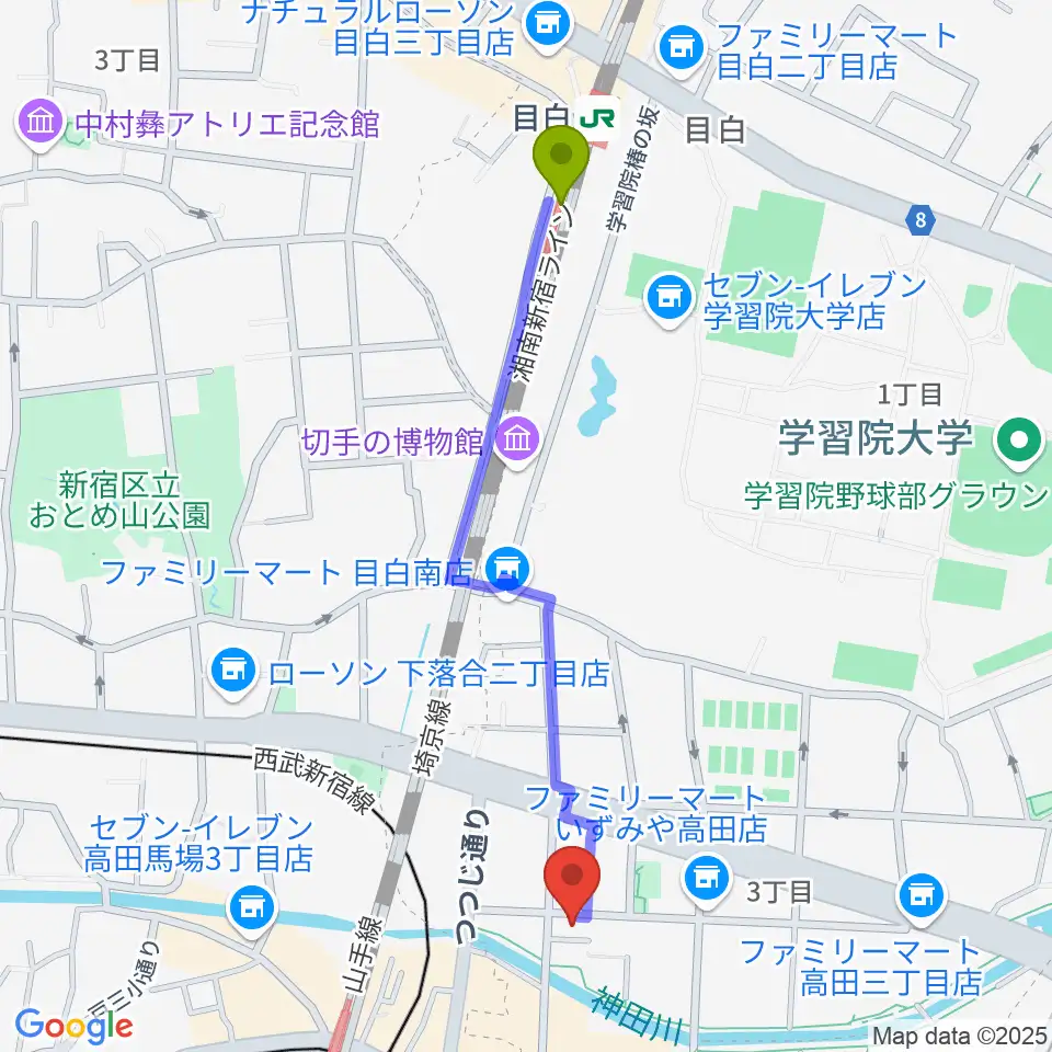 目白駅から高田馬場CLUB PHASEへのルートマップ地図