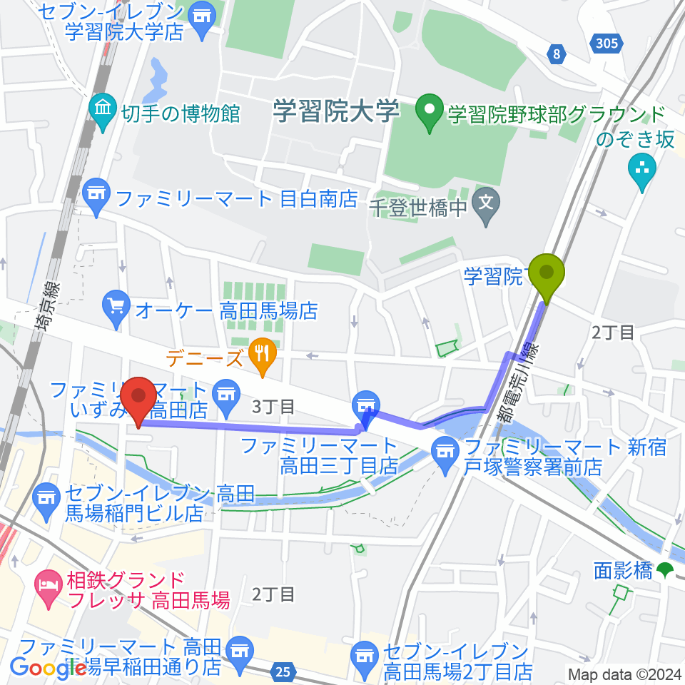 学習院下駅から高田馬場CLUB PHASEへのルートマップ地図